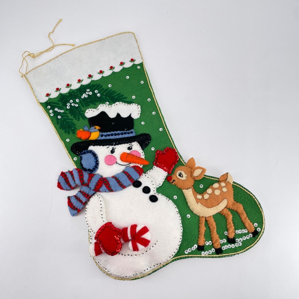 Bucilla Jeweled Frosty Fawn Felt Completed Christmas Stocking Snowman Deer 48975